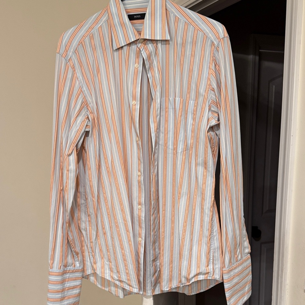 Hugo Boss Men's Shirt with Orange and White Stripes